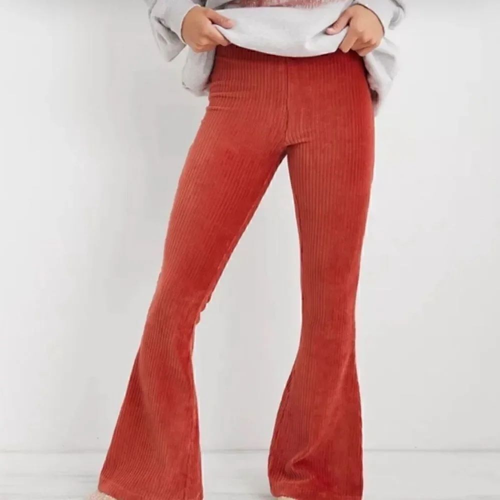 Aerie Groove On Ribbed High Waisted Velour Flare Pant Red Orange